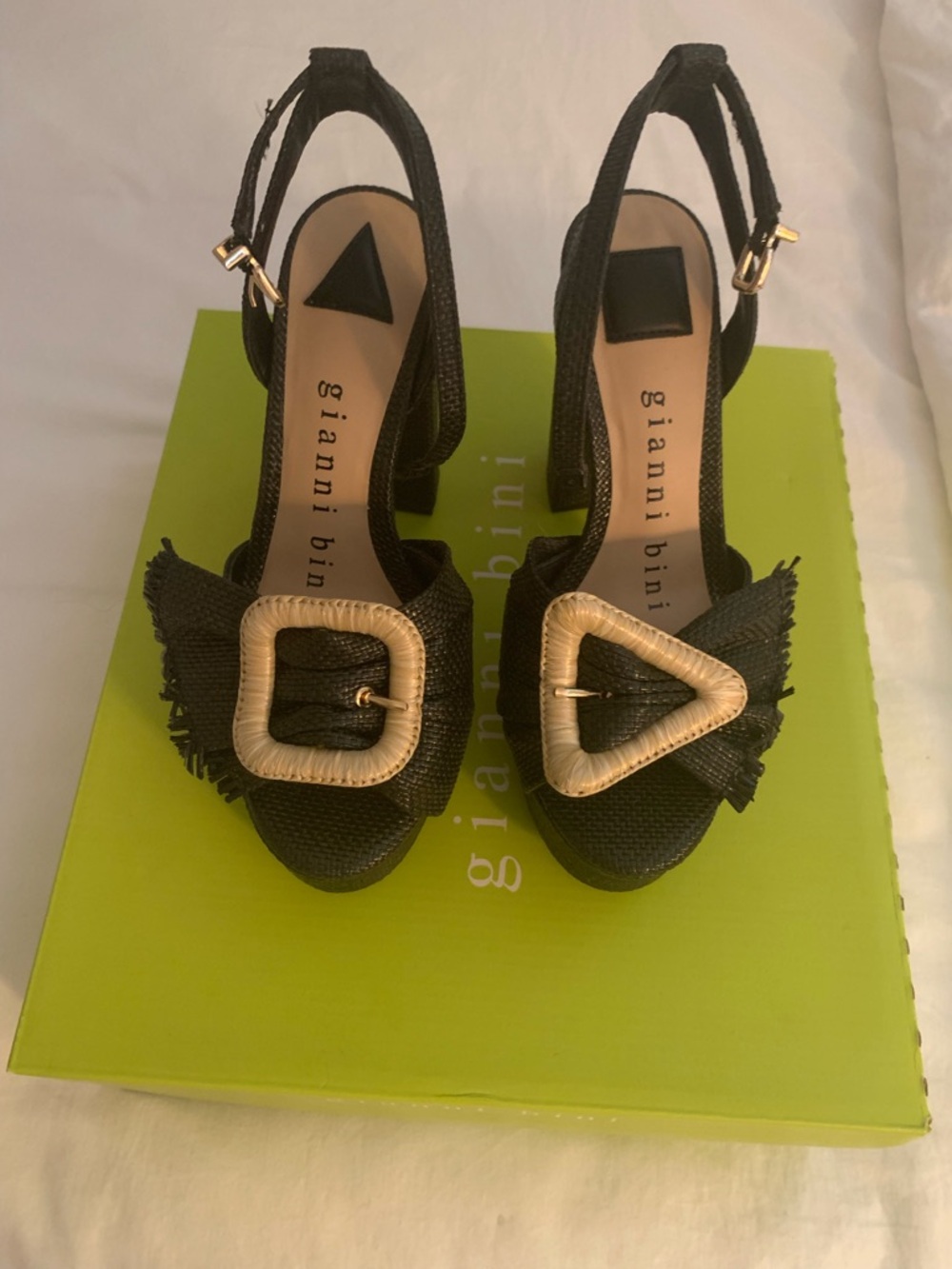 Gianni Bini Black Raffia Block Heel Sandals with Gold Buckles